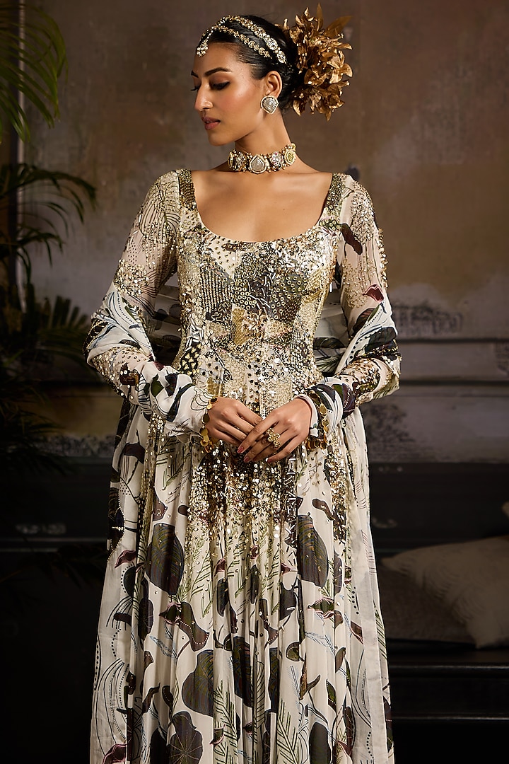 White & Green Georgette Leaf Jaal Printed Wedding Anarkali Set by DiyaRajvvir at Pernia's Pop Up Shop