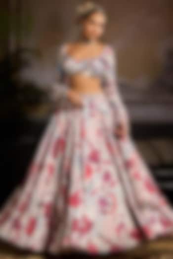 White & Pink Crepe Leaf Jaal Printed Wedding Lehenga Set by DiyaRajvvir at Pernia's Pop Up Shop