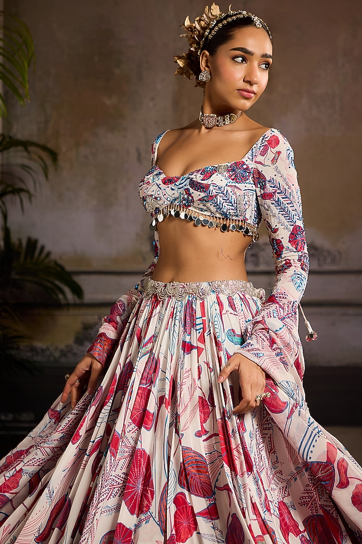 White & Pink Crepe Leaf Jaal Printed Wedding Lehenga Set by DiyaRajvvir at Pernia's Pop Up Shop