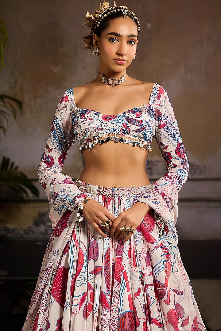 White & Pink Crepe Leaf Jaal Printed Wedding Lehenga Set by DiyaRajvvir at Pernia's Pop Up Shop