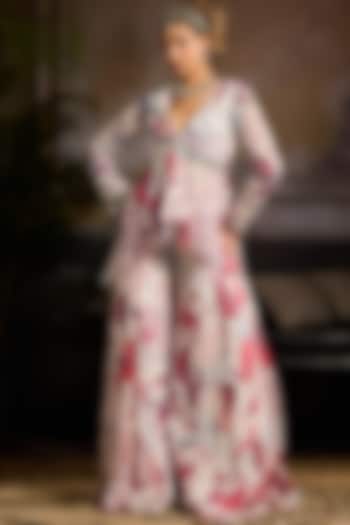 White & Pink Organza Leaf Printed Wedding Sharara Set by DiyaRajvvir at Pernia's Pop Up Shop