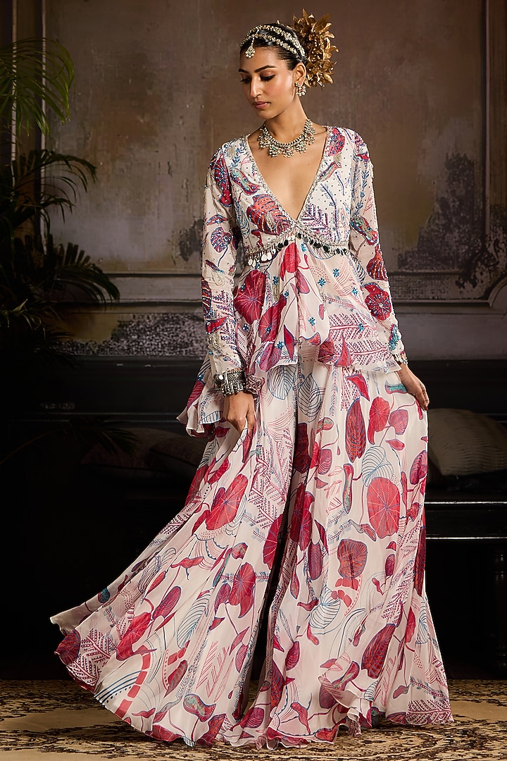 White & Pink Organza Leaf Printed Wedding Sharara Set by DiyaRajvvir at Pernia's Pop Up Shop