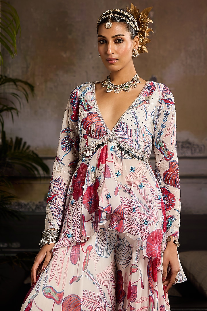 White & Pink Organza Leaf Printed Wedding Sharara Set by DiyaRajvvir at Pernia's Pop Up Shop