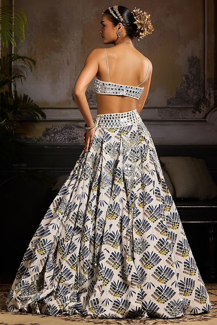White & Green Tulle Boota Leaf Printed Wedding Lehenga Set by DiyaRajvvir at Pernia's Pop Up Shop