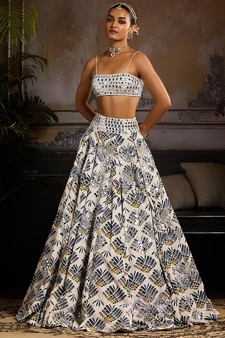 White & Green Tulle Boota Leaf Printed Wedding Lehenga Set by DiyaRajvvir at Pernia's Pop Up Shop