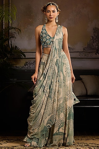 Beige & Teal Georgette Abstract Jaal Printed Skirt Saree Set by DiyaRajvvir