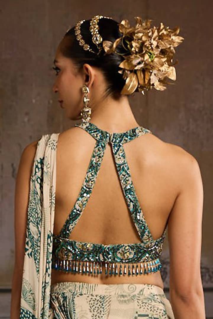 Beige & Teal Georgette Abstract Jaal Printed Skirt Wedding Saree Set by DiyaRajvvir at Pernia's Pop Up Shop