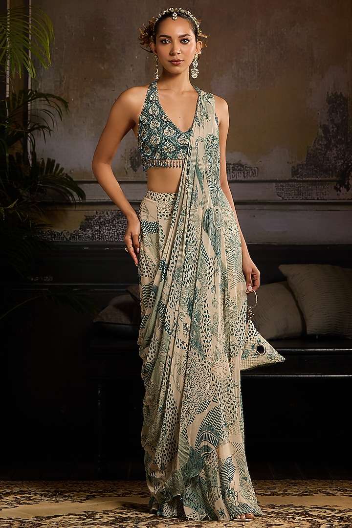 Beige & Teal Georgette Abstract Jaal Printed Skirt Wedding Saree Set by DiyaRajvvir at Pernia's Pop Up Shop