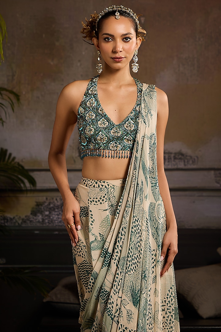 Beige & Teal Georgette Abstract Jaal Printed Skirt Wedding Saree Set by DiyaRajvvir at Pernia's Pop Up Shop