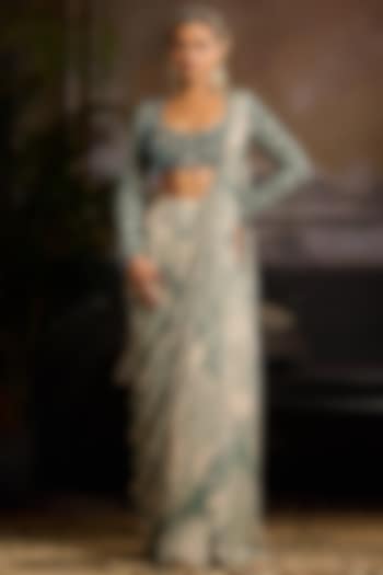 Beige & Teal Georgette Abstract Jaal Printed Skirt Wedding Saree Set by DiyaRajvvir at Pernia's Pop Up Shop