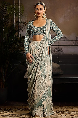 Beige & Teal Georgette Abstract Jaal Printed Skirt Saree Set by DiyaRajvvir