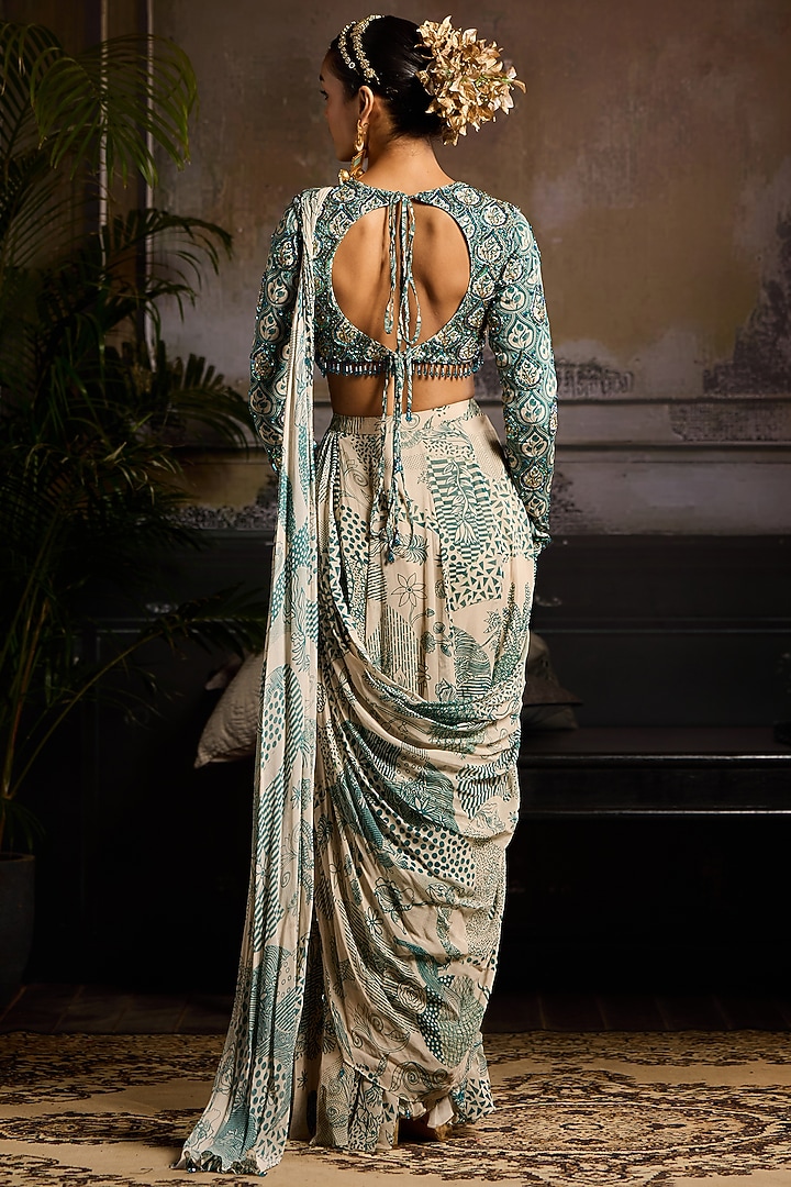 Beige & Teal Georgette Abstract Jaal Printed Skirt Wedding Saree Set by DiyaRajvvir at Pernia's Pop Up Shop