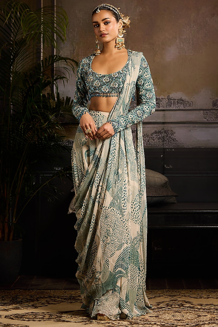 Beige & Teal Georgette Abstract Jaal Printed Skirt Wedding Saree Set by DiyaRajvvir at Pernia's Pop Up Shop