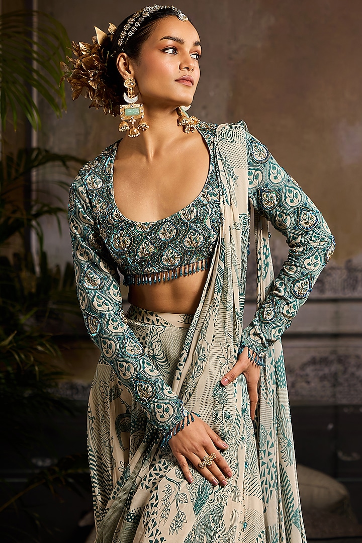Beige & Teal Georgette Abstract Jaal Printed Skirt Wedding Saree Set by DiyaRajvvir at Pernia's Pop Up Shop
