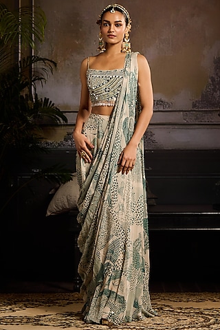 Beige & Teal Georgette Printed Skirt Saree Set by DiyaRajvvir