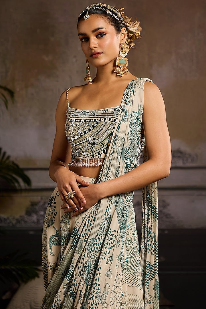 Beige & Teal Georgette Printed Skirt Wedding Saree Set by DiyaRajvvir at Pernia's Pop Up Shop
