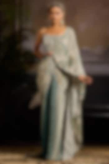 Beige & Teal Crepe Printed Skirt Wedding Saree Set by DiyaRajvvir at Pernia's Pop Up Shop