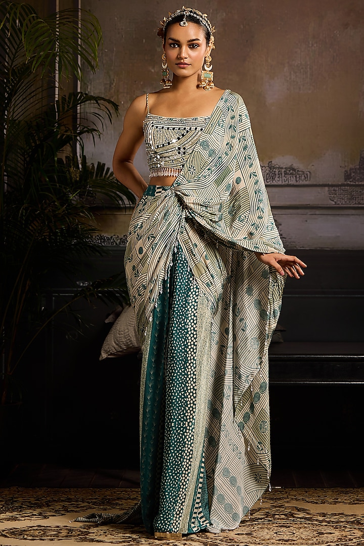 Beige & Teal Crepe Printed Skirt Wedding Saree Set by DiyaRajvvir at Pernia's Pop Up Shop