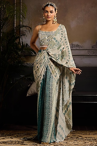 Beige & Teal Crepe Printed Skirt Saree Set by DiyaRajvvir