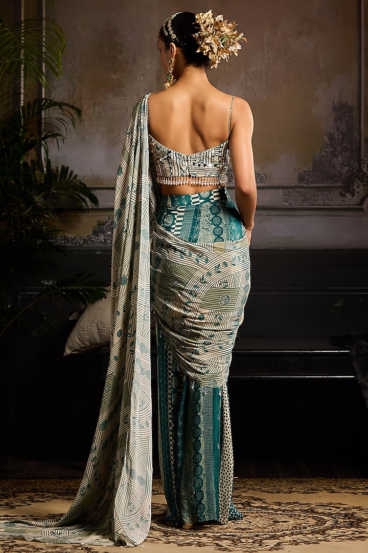 Beige & Teal Crepe Printed Skirt Wedding Saree Set by DiyaRajvvir at Pernia's Pop Up Shop