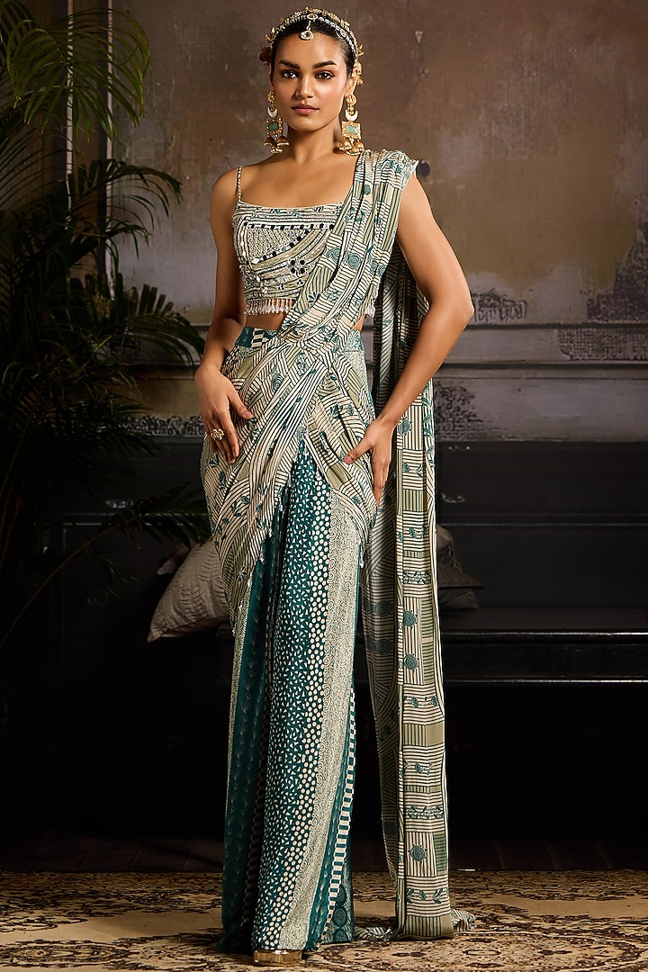 Beige & Teal Crepe Printed Skirt Wedding Saree Set by DiyaRajvvir at Pernia's Pop Up Shop