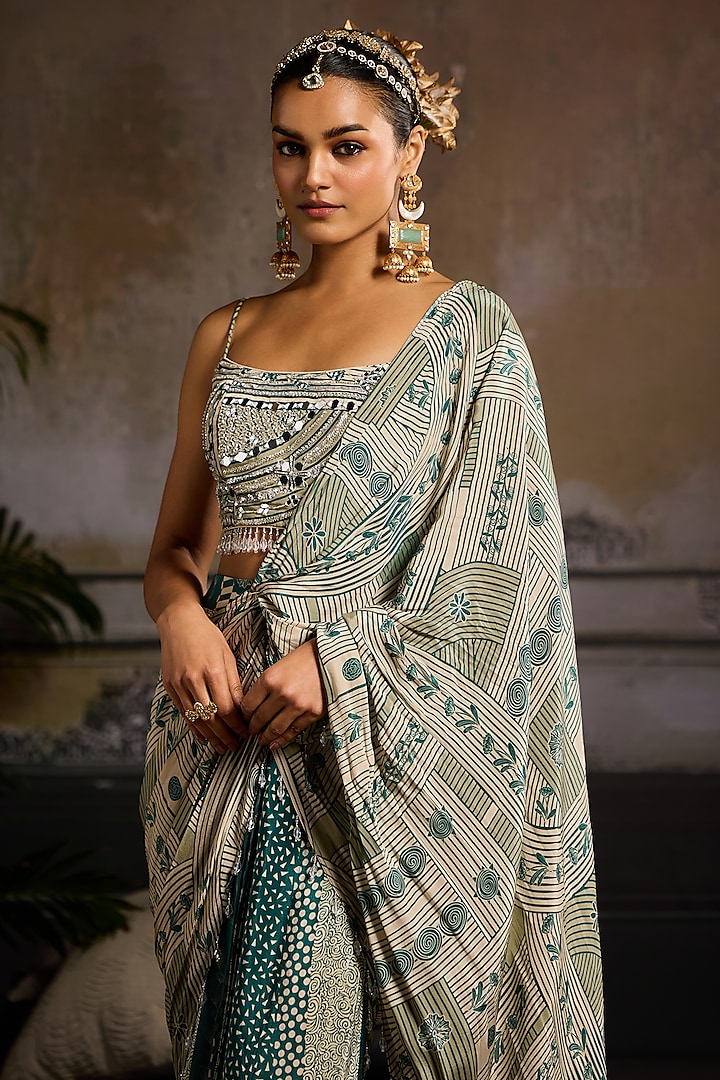 Beige & Teal Crepe Printed Skirt Wedding Saree Set by DiyaRajvvir at Pernia's Pop Up Shop
