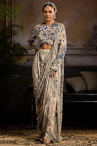 Beige & Black Georgette Abstract Jaal Printed Pant Saree Set by DiyaRajvvir