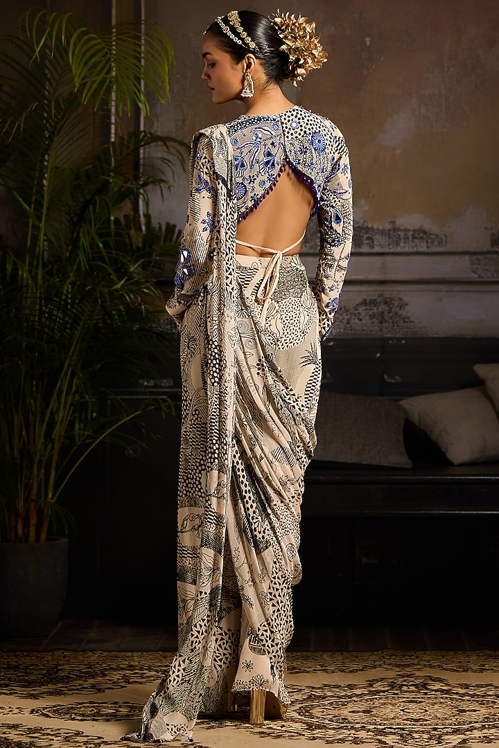 Beige & Black Georgette Abstract Jaal Printed Pant Wedding Saree Set by DiyaRajvvir at Pernia's Pop Up Shop