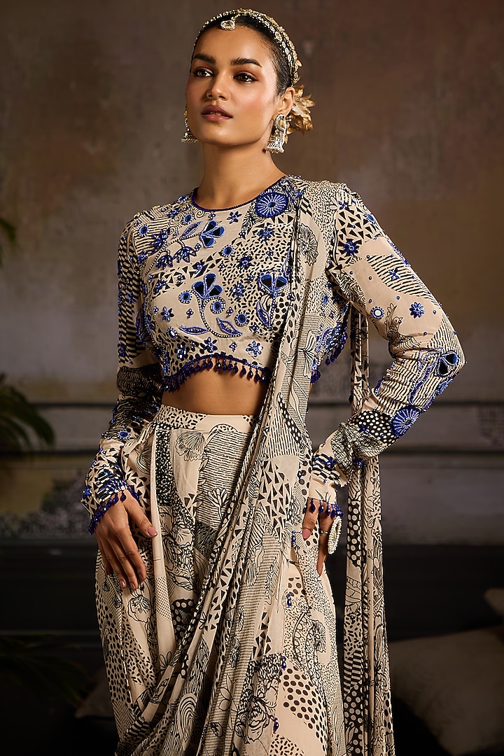 Beige & Black Georgette Abstract Jaal Printed Pant Wedding Saree Set by DiyaRajvvir at Pernia's Pop Up Shop