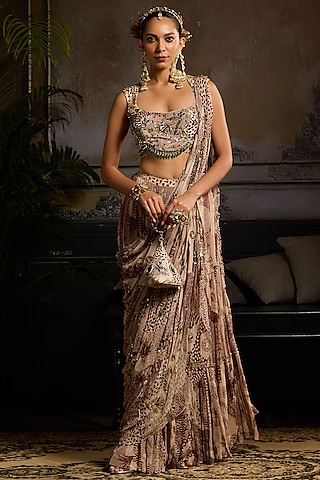 Beige & Maroon Georgette Abstract Jaal Printed Skirt Saree Set by DiyaRajvvir