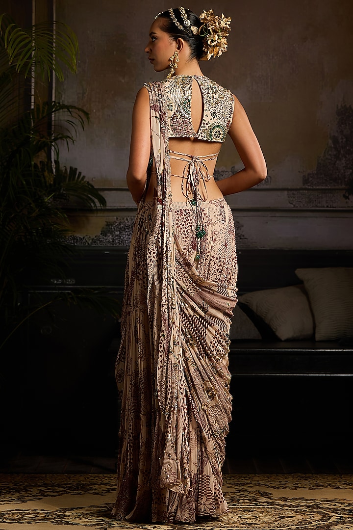 Beige & Maroon Georgette Abstract Jaal Printed Skirt Wedding Saree Set by DiyaRajvvir at Pernia's Pop Up Shop