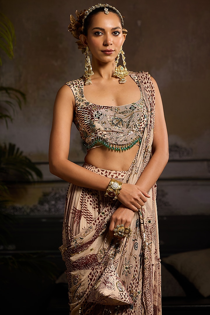Beige & Maroon Georgette Abstract Jaal Printed Skirt Wedding Saree Set by DiyaRajvvir at Pernia's Pop Up Shop