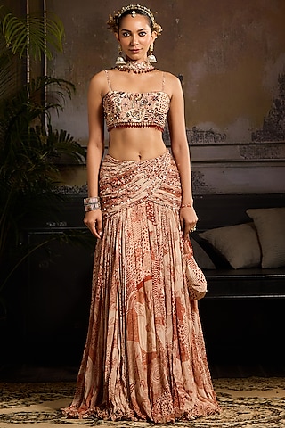 Beige & Rust Georgette Abstract Jaal Printed Lehenga Set by DiyaRajvvir