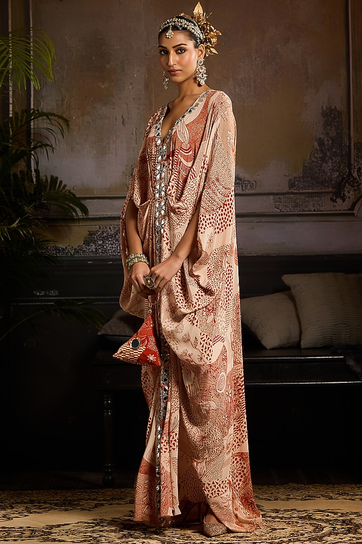 Beige & Rust Crepe Abstract Jaal Printed Kaftan With Potli Bag by DiyaRajvvir at Pernia's Pop Up Shop