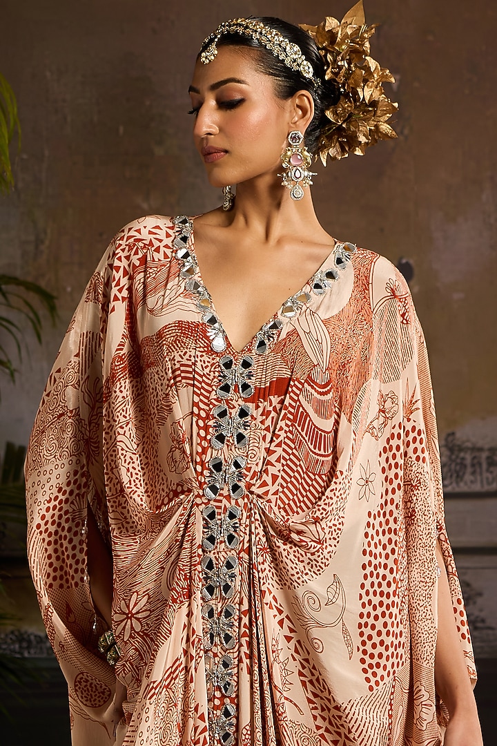 Beige & Rust Crepe Abstract Jaal Printed Kaftan With Potli Bag by DiyaRajvvir at Pernia's Pop Up Shop