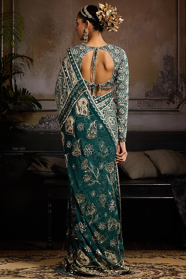 Teal Georgette & Crepe Abstract Jaal Printed Pre-Stitched Reception Saree Set by DiyaRajvvir at Pernia's Pop Up Shop