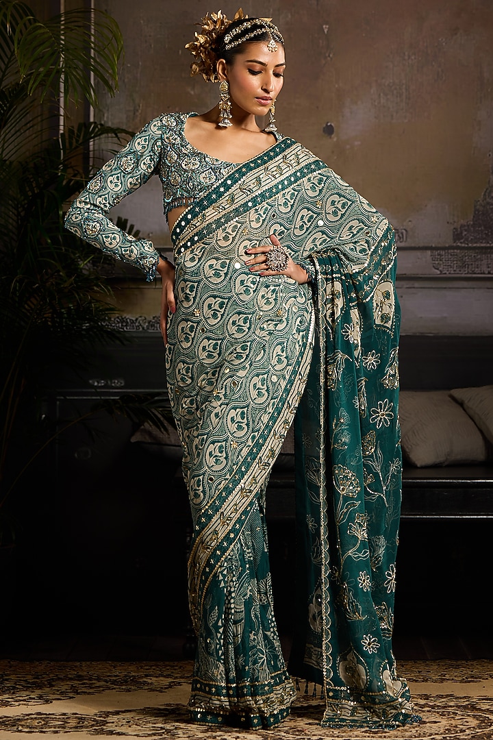 Teal Georgette & Crepe Abstract Jaal Printed Pre-Stitched Reception Saree Set by DiyaRajvvir at Pernia's Pop Up Shop