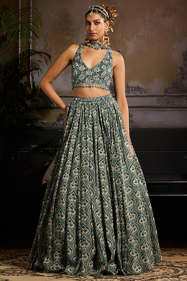 Teal Organza & Crepe Leaf Printed Wedding Lehenga Set by DiyaRajvvir at Pernia's Pop Up Shop