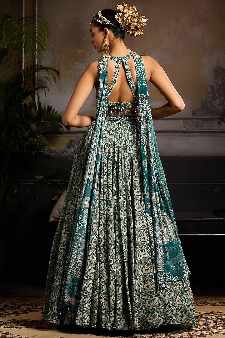 Teal Organza & Crepe Leaf Printed Wedding Lehenga Set by DiyaRajvvir at Pernia's Pop Up Shop