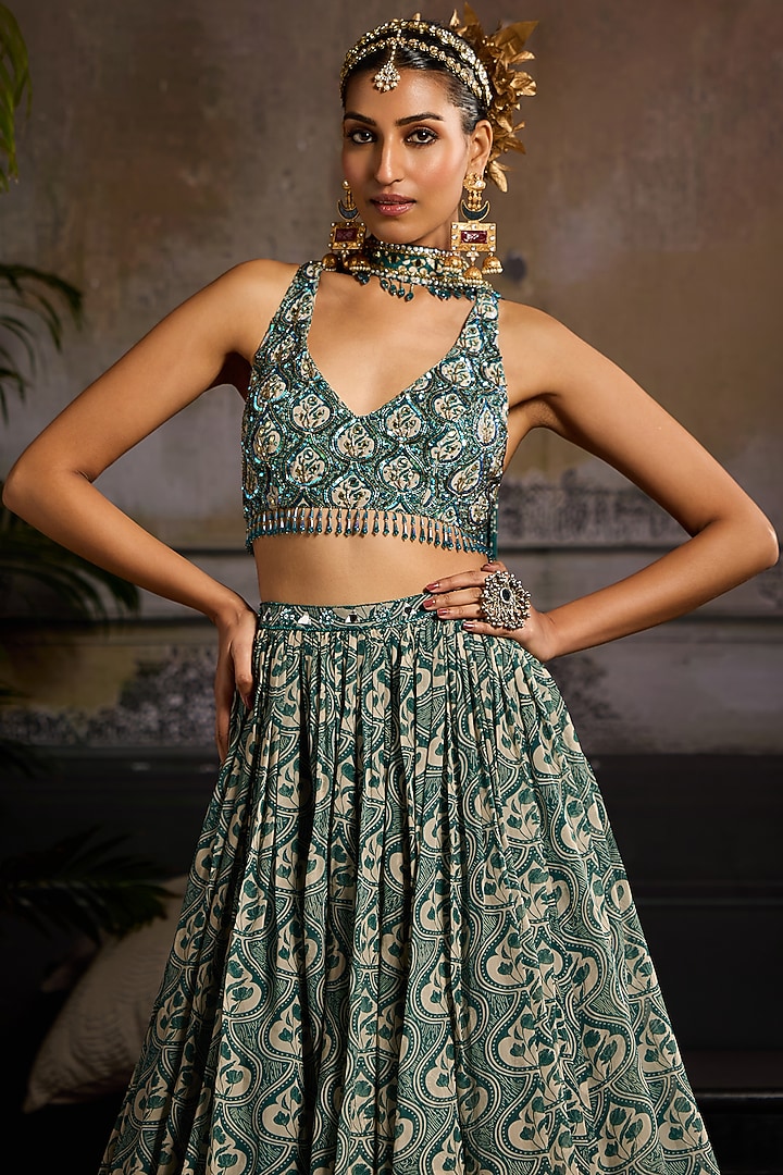 Teal Organza & Crepe Leaf Printed Wedding Lehenga Set by DiyaRajvvir at Pernia's Pop Up Shop