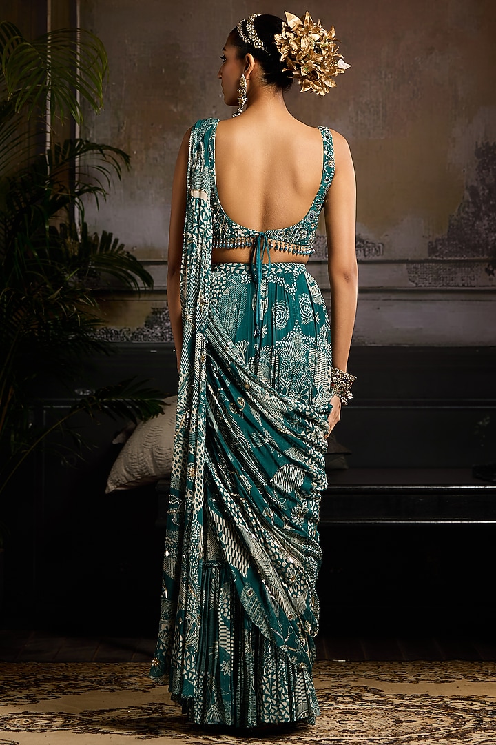 Teal Crepe & Georgette Abstract Jaal Printed Skirt Wedding Saree Set by DiyaRajvvir at Pernia's Pop Up Shop