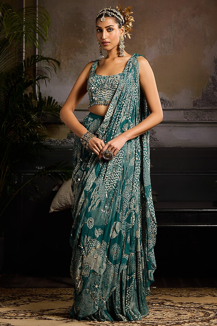 Teal Crepe & Georgette Abstract Jaal Printed Skirt Wedding Saree Set by DiyaRajvvir at Pernia's Pop Up Shop