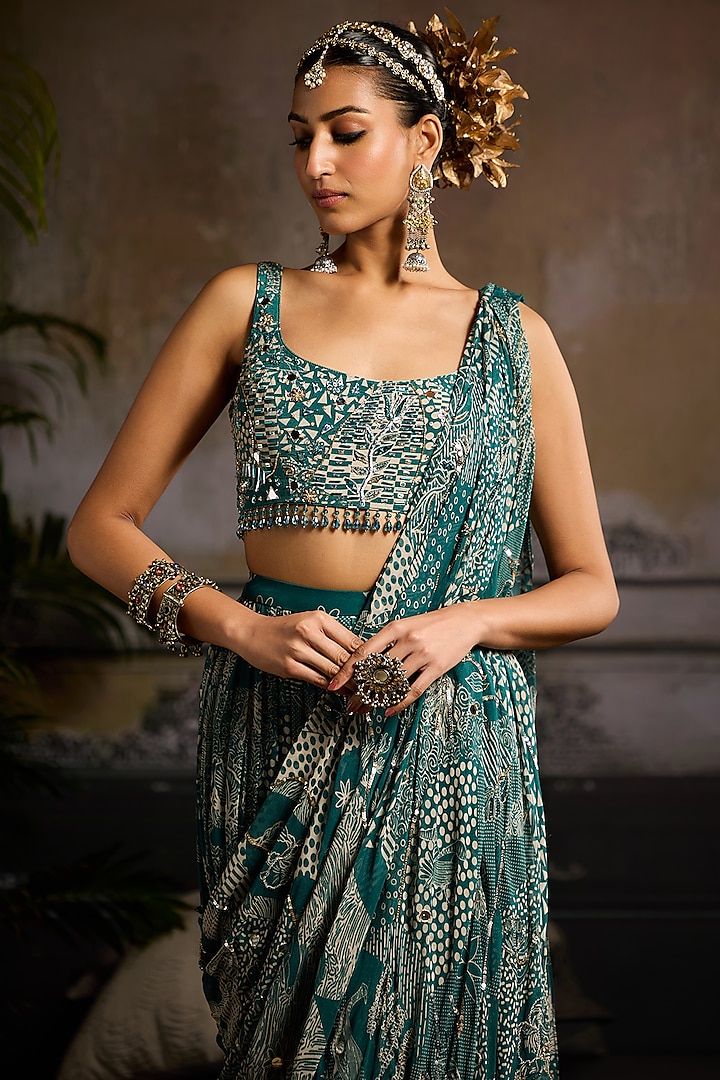 Teal Crepe & Georgette Abstract Jaal Printed Skirt Wedding Saree Set by DiyaRajvvir at Pernia's Pop Up Shop