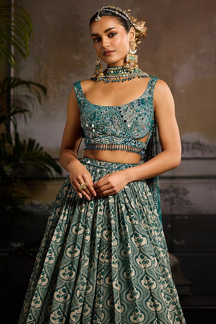 Teal Organza & Crepe Leaf Printed Wedding Lehenga Set by DiyaRajvvir at Pernia's Pop Up Shop