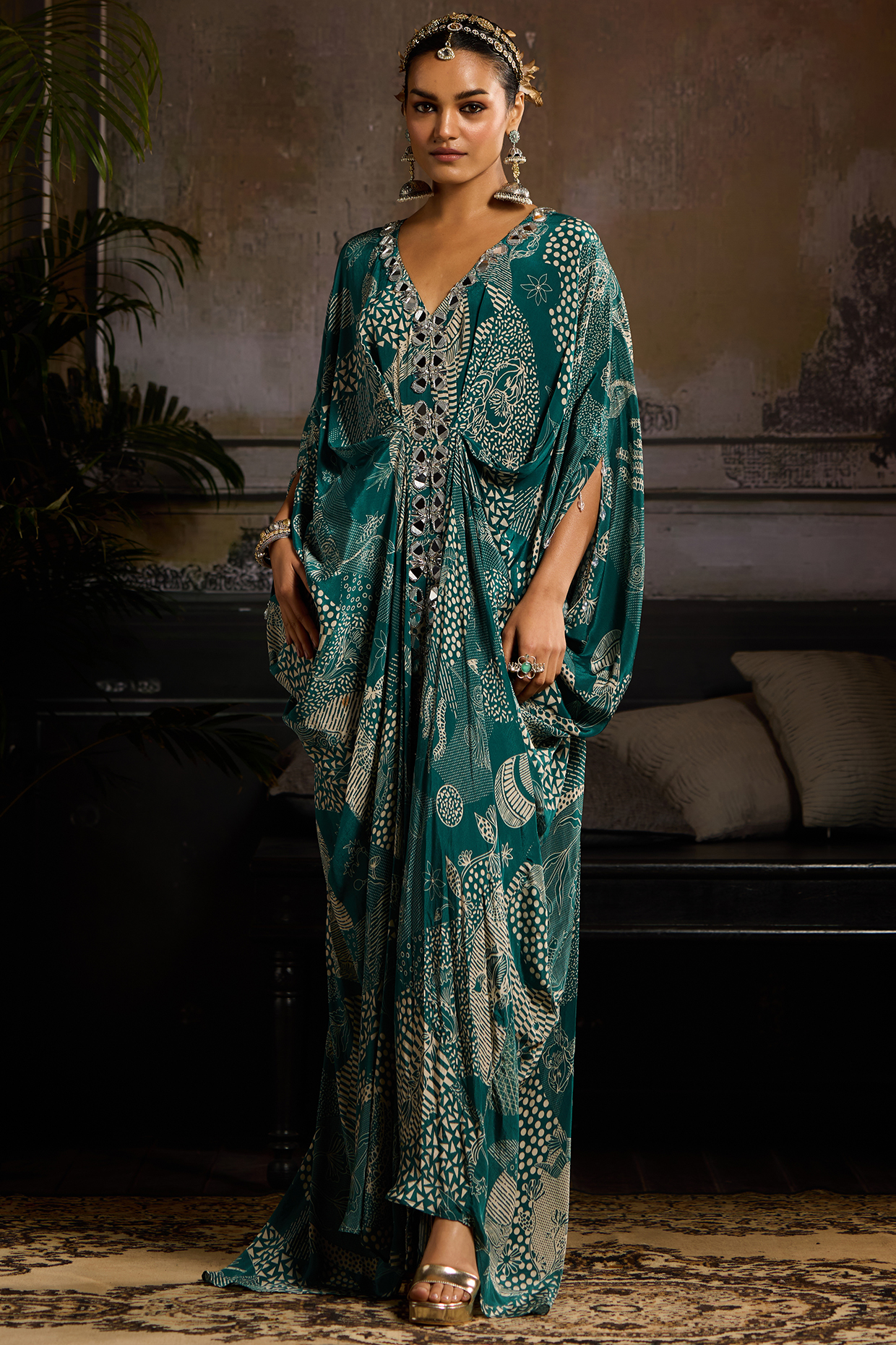 Teal Crepe Abstract Jaal Printed Kaftan by DiyaRajvvir at Pernia's Pop Up Shop