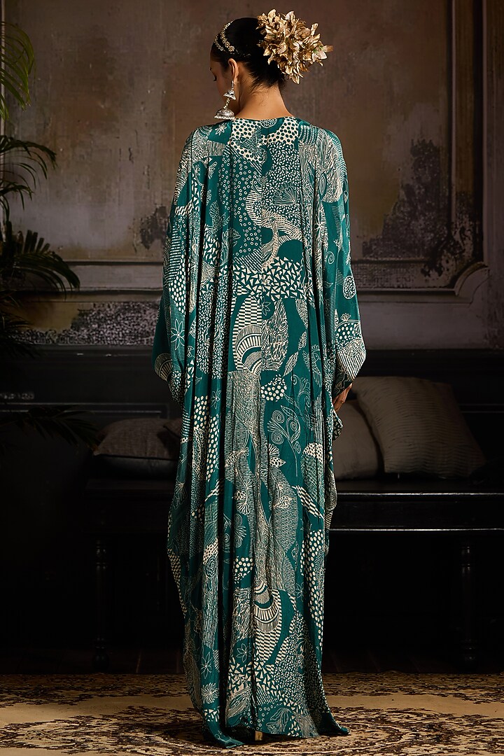 Teal Crepe Abstract Jaal Printed Kaftan by DiyaRajvvir at Pernia's Pop Up Shop