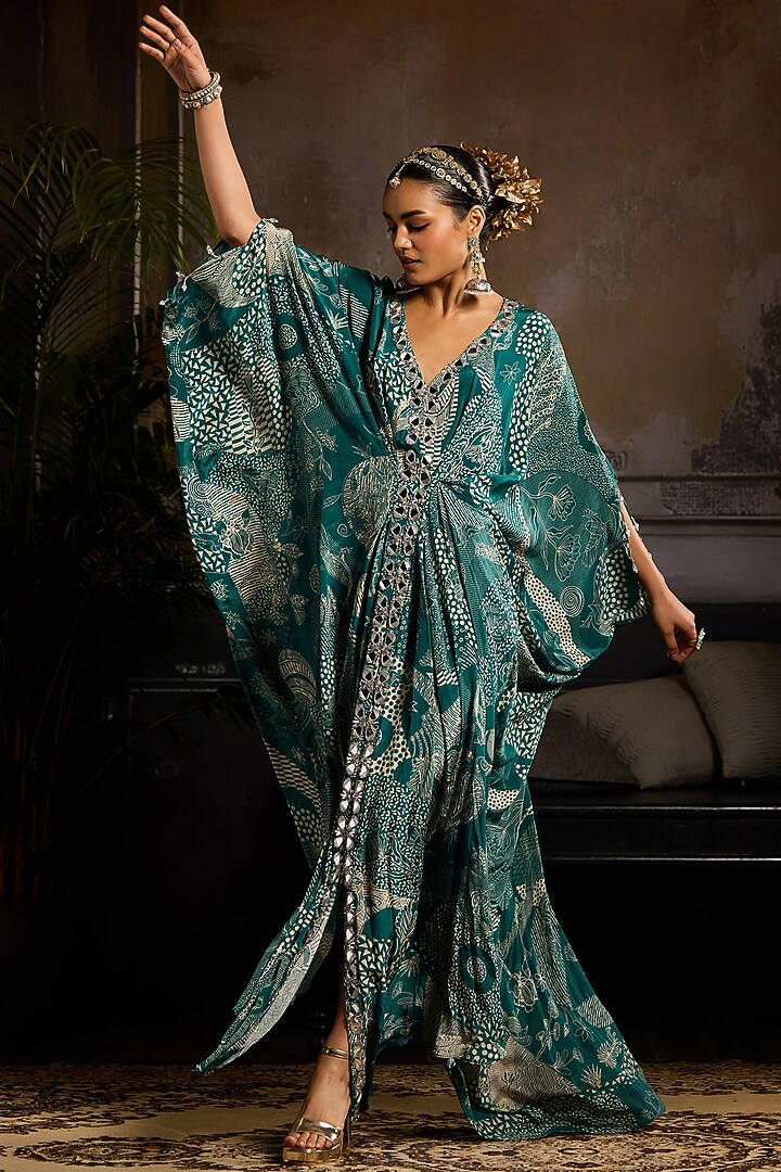 Teal Crepe Abstract Jaal Printed Kaftan by DiyaRajvvir at Pernia's Pop Up Shop