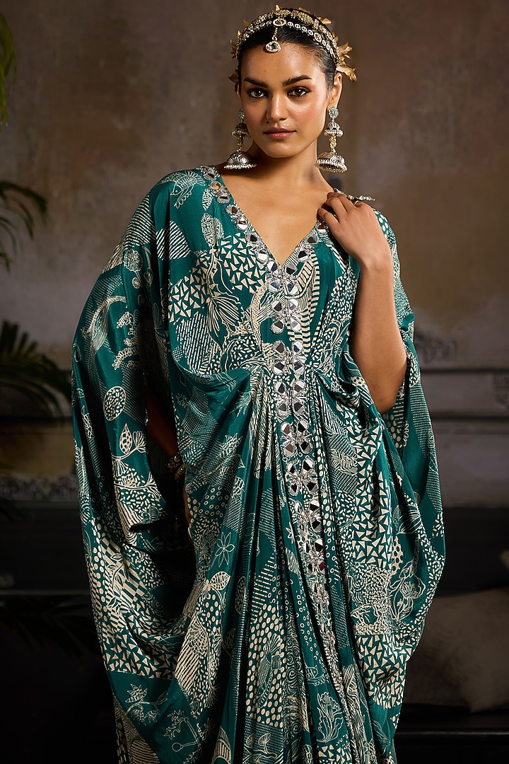 Teal Crepe Abstract Jaal Printed Kaftan by DiyaRajvvir at Pernia's Pop Up Shop