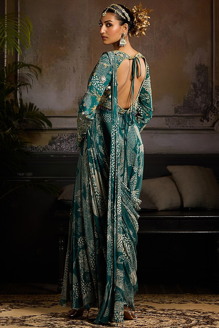 Teal Crepe & Georgette Abstract Jaal Printed Sharara Pant Wedding Saree Set by DiyaRajvvir at Pernia's Pop Up Shop