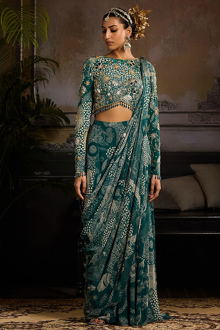 Teal Crepe & Georgette Abstract Jaal Printed Sharara Pant Wedding Saree Set by DiyaRajvvir at Pernia's Pop Up Shop